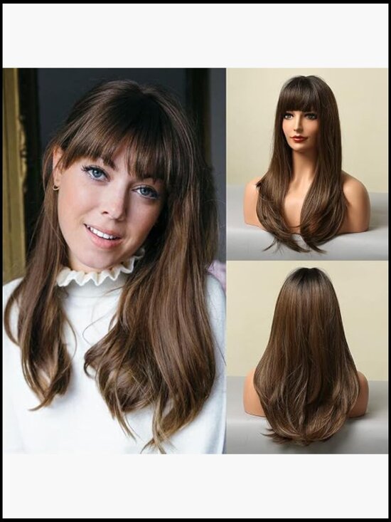 Long Straight Layered Wig with Bangs Heat Resistant Fiber Daily Natural Looking main image 7